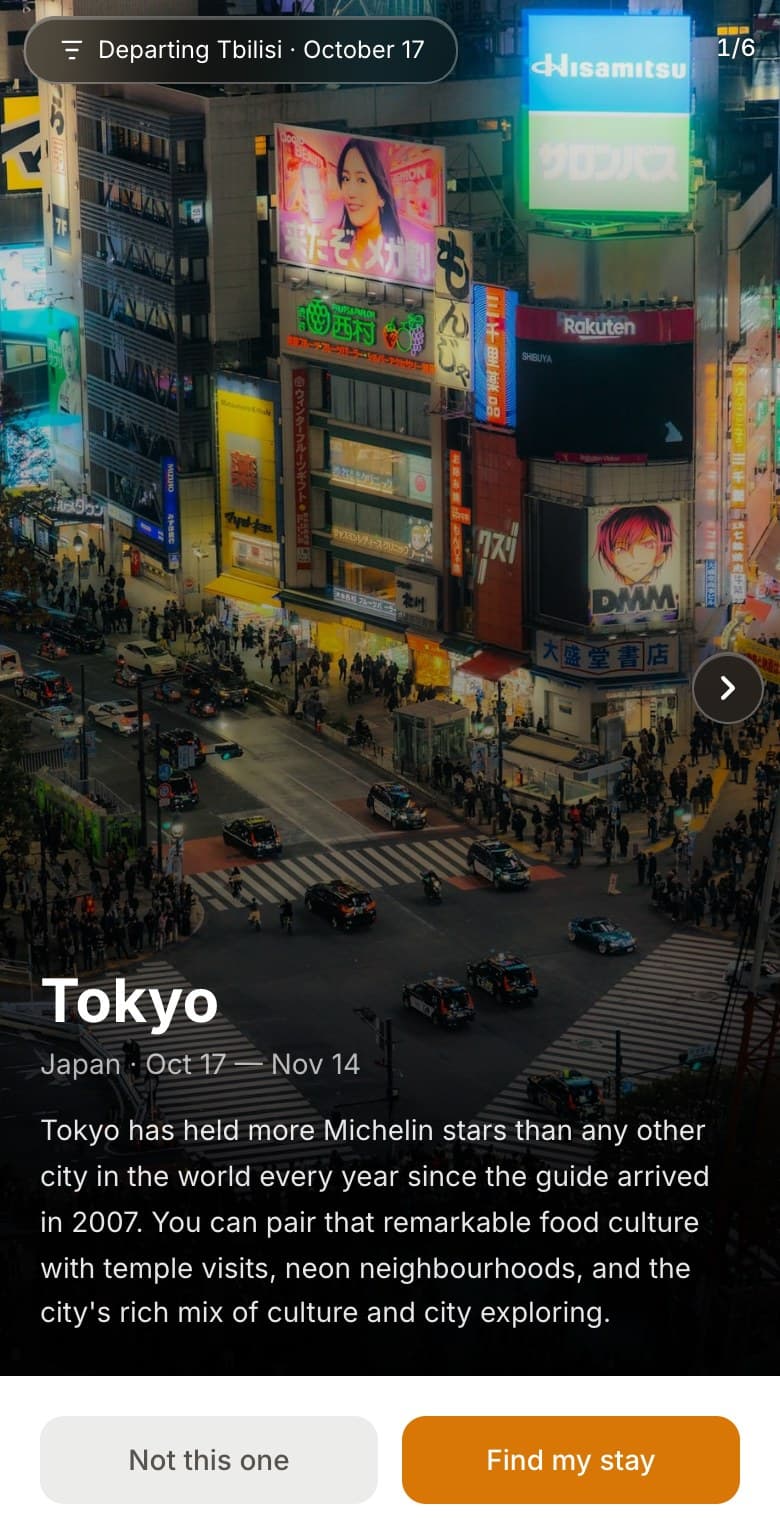 A travelmad suggestion for Tokyo, Japan, showing the stay dates, why it was picked, and the choice between Not this one and Find my stay.